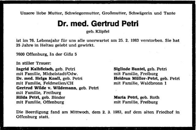 Klipfel Gertrud 1907-1983 Todesanzeige